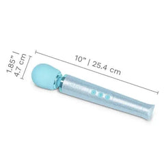 Le Wand petite wand massager dimensions shown: 10 inches long, 1.85 inch silicone head