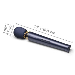 Le Wand Petite massager with dimensions labeled: 10 inches long, 1.85-inch silicone head