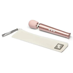 Le Wand Petite Massager with included cream zip storage pouch and silver zipper