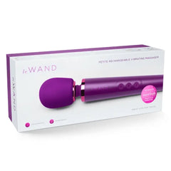 Le Wand Petite massager shown in white retail box labeled petite rechargeable vibrating massager