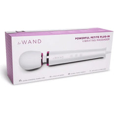 Le Wand Petite Plug-In Vibrating Massager box highlighting 10 power levels and travel-friendly design