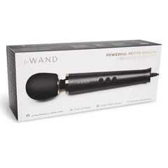 Le Wand Petite Plug-In Vibrating Massager box showing product features and specs