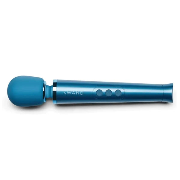 Le Wand Petite Rechargeable Massager in teal blue with silicone head and metallic handle