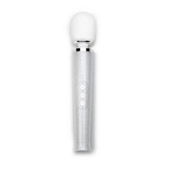 Le Wand Petite rechargeable wand massager upright view, white silicone head, silver body