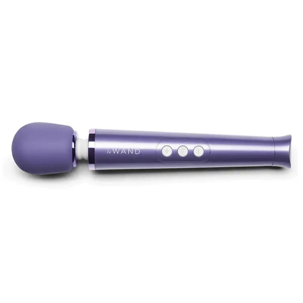 Le Wand Petite Rechargeable Massager in violet with metallic handle and three control buttons