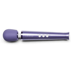 Le Wand Petite Rechargeable Massager in violet with metallic handle and three control buttons