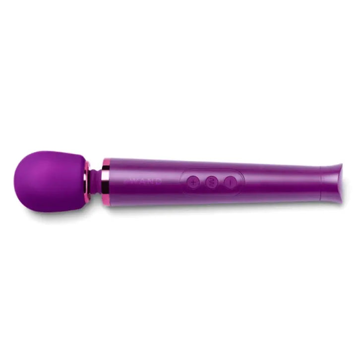 Le Wand Petite rechargeable vibrating massager in deep purple with rose-gold accents
