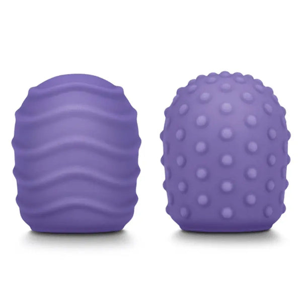 Le Wand Petite Silicone Texture Covers 2-pack in purple, showing wave and dot patterns
