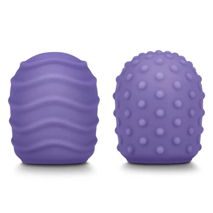 Le Wand Petite Silicone Texture Covers 2-pack in purple, showing wave and dot patterns