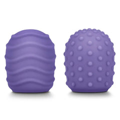 Le Wand Petite Silicone Texture Covers 2-pack in purple, showing wave and dot patterns