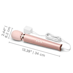 Le Wand Plug-In Massager with dimension annotations showing 13.39 inches long and 2.44 inch head