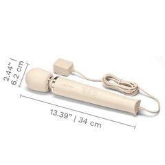 Le Wand Plug-In Massager with dimension annotations: 13.39 in long, 2.44 in head width
