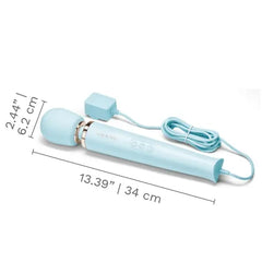 Le Wand Plug-In Massager with measurements shown: 13.39 inches long and 2.44 inch head diameter