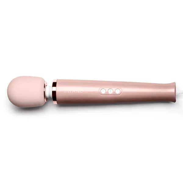 Le Wand Plug-In Vibrating Massager in rose gold with soft silicone head and three control buttons
