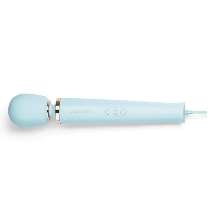 Le Wand Plug-In Vibrating Massager in sky blue with gold accent ring and three control buttons