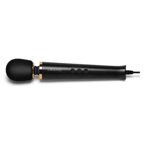 Le Wand Powerful Petite Plug-In Massager in matte black with gold accent ring