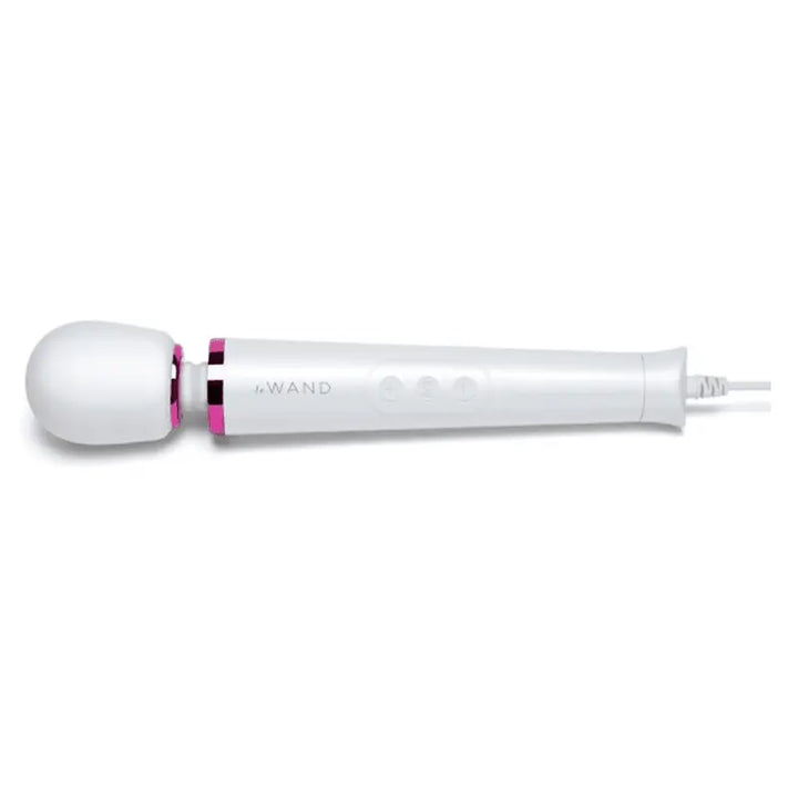 Le Wand Powerful Petite Plug-In Massager in white with pink accent ring and power cord
