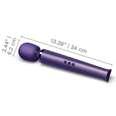 Le Wand purple massager with dimensions labeled: 13.39 inches long, 2.44-inch silicone head diameter