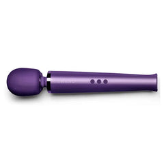 Le Wand purple rechargeable wand massager displayed at angle showing silicone head and control buttons