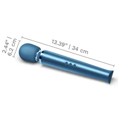 Le Wand Rechargeable Massager with dimensions shown: 13.39 inches long, 2.44 inch head
