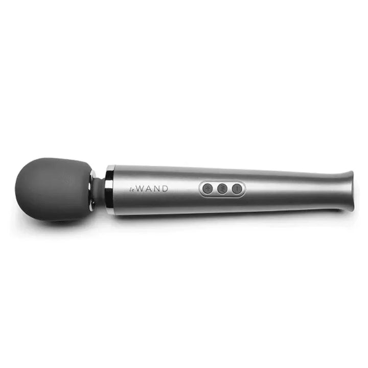 Le Wand Rechargeable Vibrating Massager in grey with silver aluminum handle and three control buttons
