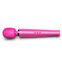 Le Wand Rechargeable Vibrating Massager in magenta with rounded silicone head and metal handle