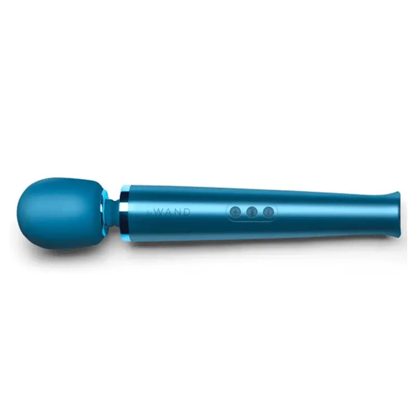 Le Wand Rechargeable Vibrating Massager in Pacific Blue with silicone head and metallic handle