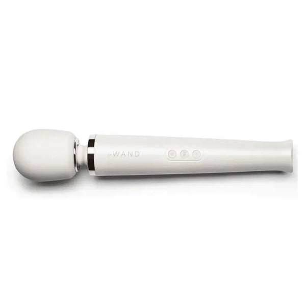 Le Wand Rechargeable Vibrating Massager in white with rose gold accent ring, angled view