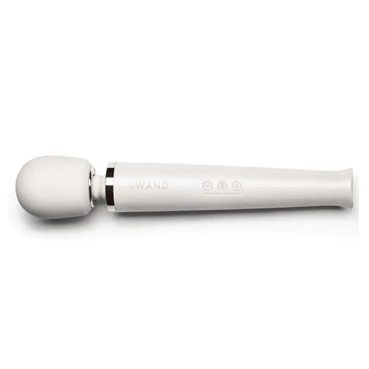 Le Wand Rechargeable Vibrating Massager in white with rose gold accent ring, angled view