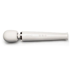 Le Wand Rechargeable Vibrating Massager in white with rose gold accent ring, angled view