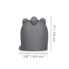 Le Wand Shiatsu attachment dimensions shown: 3 inches tall by 2.6 inches wide, charcoal grey silicone