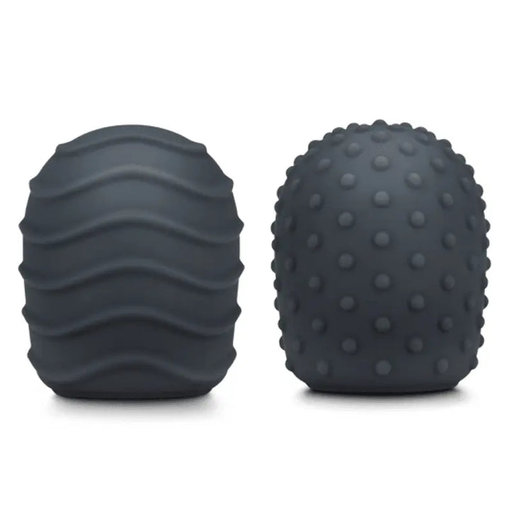 Le Wand Silicone Texture Covers 2-pack in charcoal, showing wave and dot patterns side by side