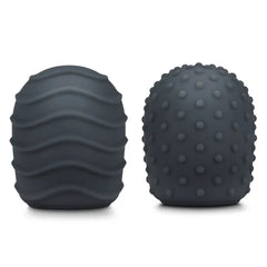 Le Wand Silicone Texture Covers 2-pack in charcoal, showing wave and dot patterns side by side