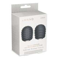 Le Wand Silicone Texture Covers 2-pack retail box highlighting body-safe silicone material