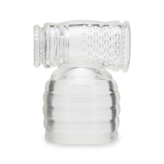Le Wand Slider clear male masturbator wand attachment, front view, ribbed base and textured sleeve