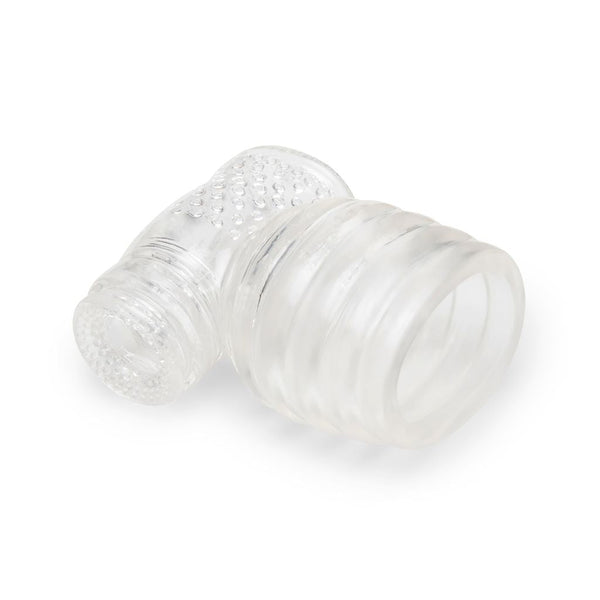 Le Wand Slider lying flat, displaying both ribbed base opening and textured stimulation sleeve ends