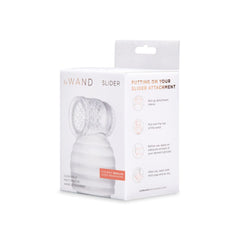 Le Wand Slider retail box front showing clear attachment and step-by-step application instructions
