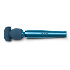 Le Wand Stroke attachment fitted onto a blue metallic wand massager, shown in full profile