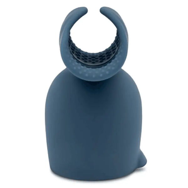 Le Wand Stroke silicone attachment in deep blue with textured inner grip and curved wings