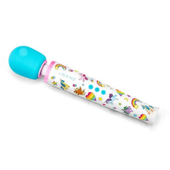 Le Wand Unicorn Wand massager with teal silicone head and rainbow unicorn-print handle detail