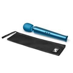 Le Wand vibrating massager in Pacific Blue beside included black satin storage pouch
