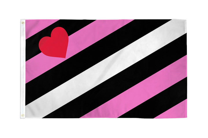 Leather Girl Pride polyester flag with pink, black, and white diagonal stripes and red heart