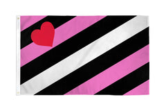 Leather Girl Pride polyester flag with pink, black, and white diagonal stripes and red heart