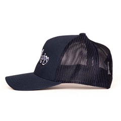 Left side angle of navy Sexy Living cap highlighting structured foam front panel