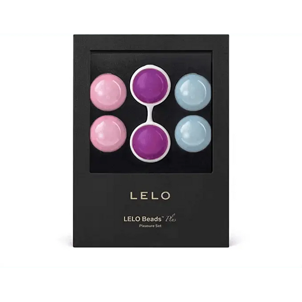 LELO Beads Plus Pleasure Set in black display box, showing pink, blue, and purple weighted kegel balls