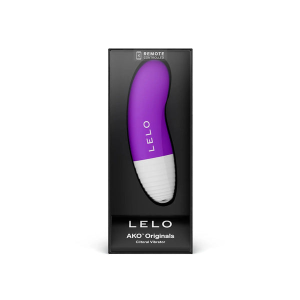 LELO AKO Originals clitoral vibrator in purple, shown in black retail box with remote-controlled label