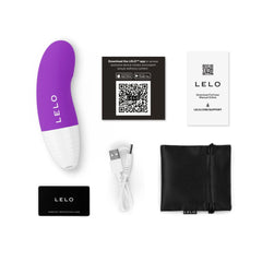 LELO AKO Originals unboxed contents: vibrator, USB cable, satin pouch, app card, and warranty card