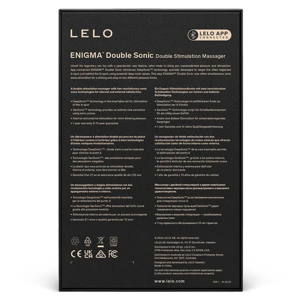 LELO Enigma Double Sonic back of box showing multilingual product features and app connectivity