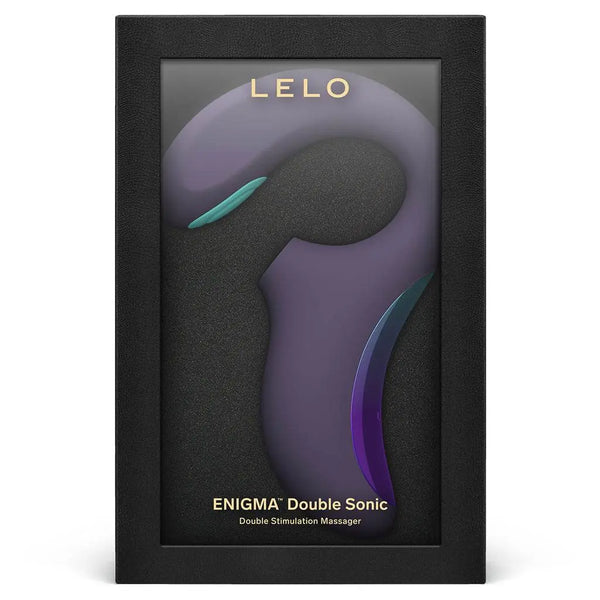 LELO Enigma Double Sonic box, black premium packaging with purple massager visible inside