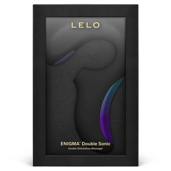 LELO Enigma Double Sonic box front, black luxury packaging with iridescent product silhouette